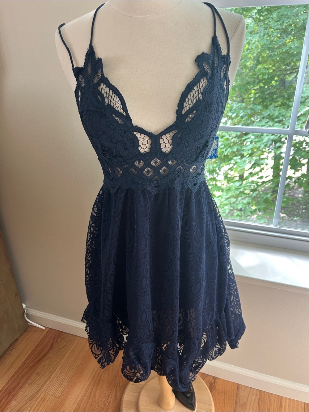 Free People Navy Crochet Lace Spaghetti Strap Mini Dress